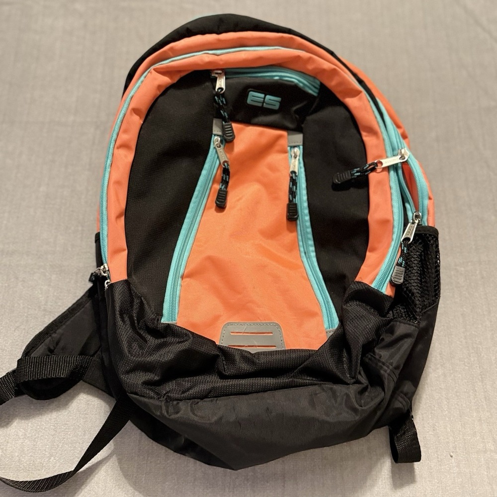 ES Backpack Coral Black Aqua School Travel Laptop Book Bag Multi Pocket